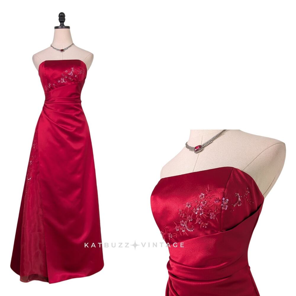 Y2K Prom Dress Maxi Gown 4 Red Glam Princess Strapless Classic Beaded A-Line